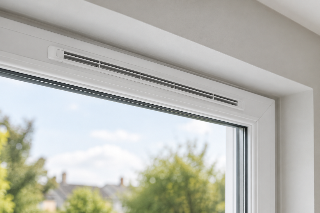 Grilă de aerisire integrată într-o fereastră PVC.