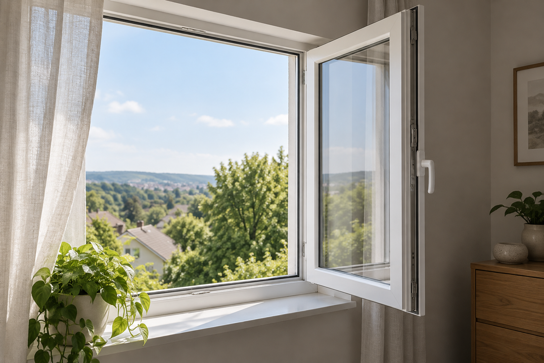 Fereastră cu deschidere laterală, într-o cameră fără persoane.