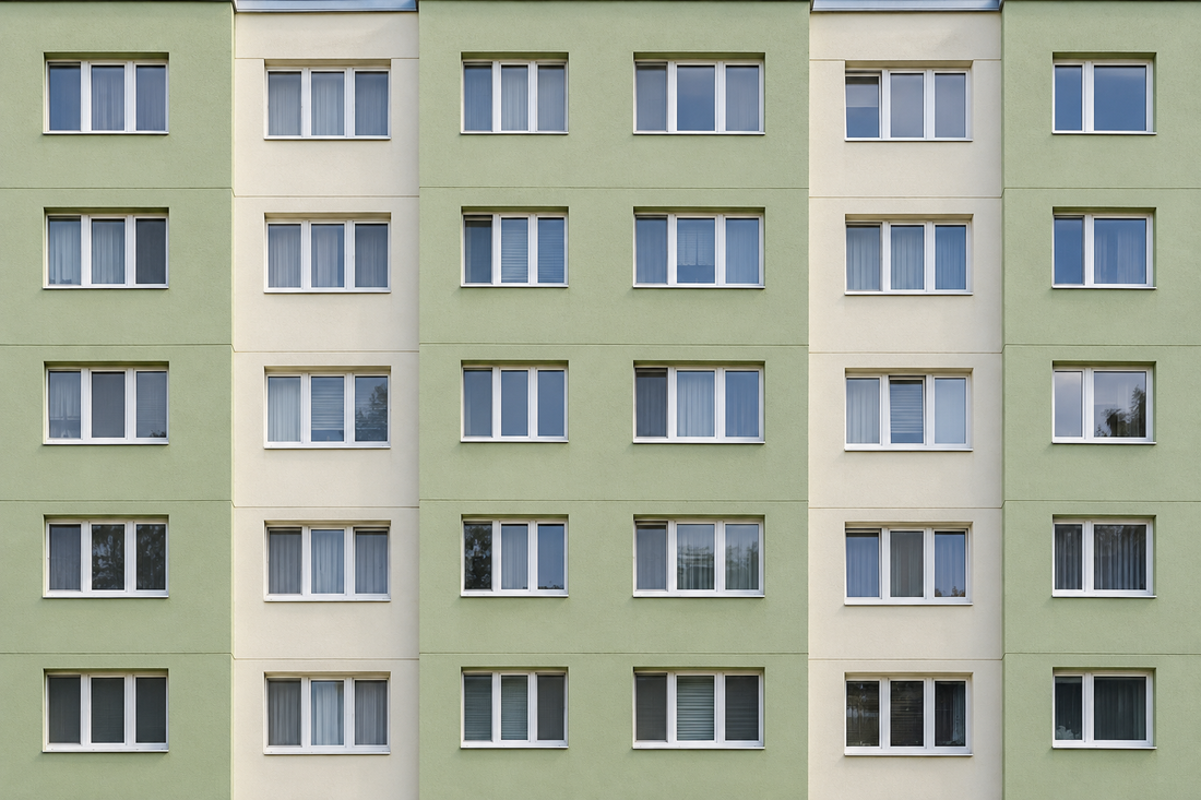 Fațadă de bloc cu ferestre aliniate și aspect unitar.